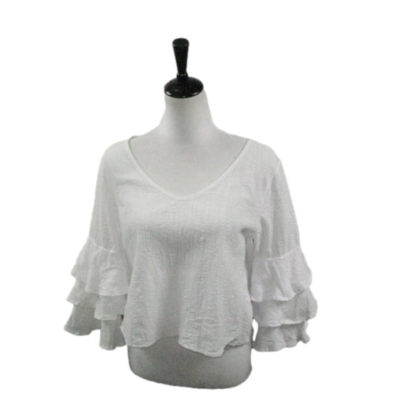 Hippie Laundry White Ruffled Sleeve Cropped Blouse Size Large - Picture 1 of 5